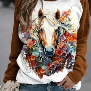 Women’s Floral Horse Lover Print Sweatshirt