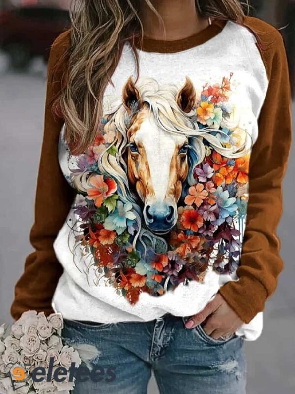 Women’s Floral Horse Lover Print Sweatshirt