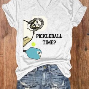 Women’s Funny Pickleball Time Jesus Print V-Neck T-Shirt