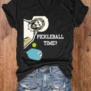 Womens Funny Pickleball Time Jesus Print V Neck T Shirt1