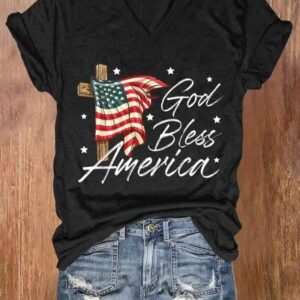 Womens God Bless America Print Casual V Neck T shirt