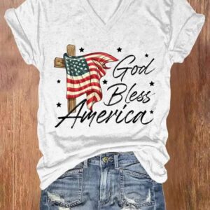 Womens God Bless America Print Casual V Neck T shirt1