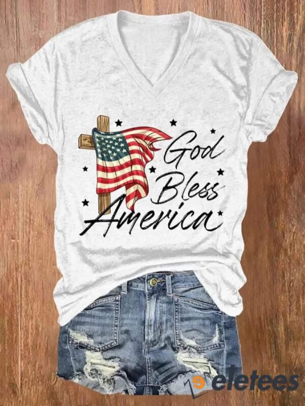 Women’s God Bless America Print Casual V Neck T-shirt
