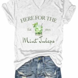 Womens Here for The Mint Julep Derby Drinking Print V Neck T Shirt1