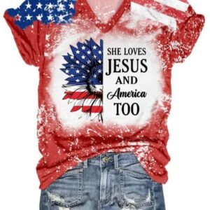 Womens Independence Day She Loves Jesus and America Too Printed V neck T shirt