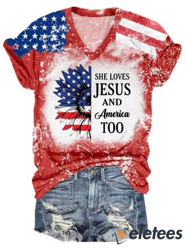 Women’s Independence Day She Loves Jesus and America Too Printed V-neck T-shirt