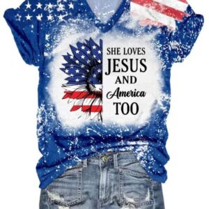 Womens Independence Day She Loves Jesus and America Too Printed V neck T shirt1
