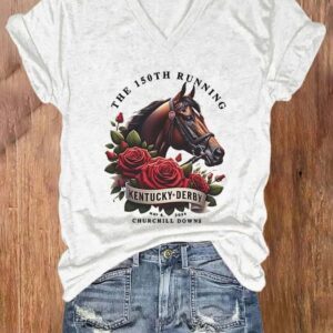 Womens Kentucky Derby Day The 150th Running Print V Neck Casual T Shirt