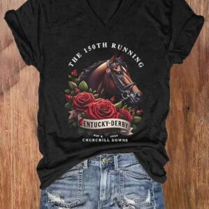 Womens Kentucky Derby Day The 150th Running Print V Neck Casual T Shirt1