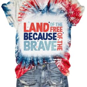 Women’s Land Of The Free Because Of The Brave Print V Neck T-shirt