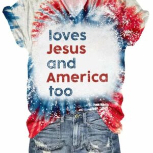 Women’s Loves Jesus And America Too Print V Neck T-shirt