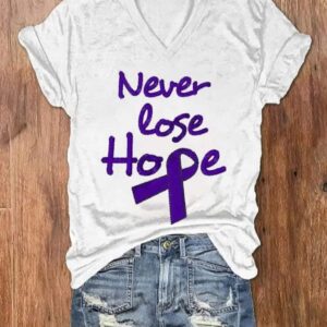 Womens Never Lose Hope Alzheimers Awareness Print V Neck T Shirt