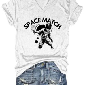 Womens Pickleball Space Match Printed V Neck T Shirt