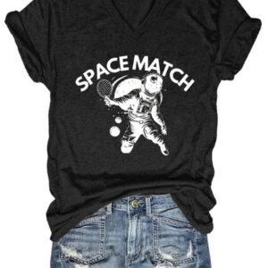 Womens Pickleball Space Match Printed V Neck T Shirt1