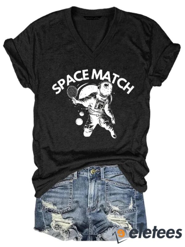 Women’s Pickleball Space Match Printed V-Neck T-Shirt