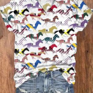 Women’s Racing Horses Kentucky Colorful Print V-Neck T-Shirt