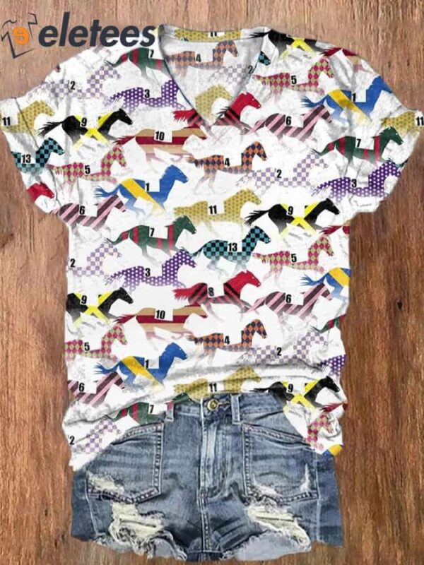 Women’s Racing Horses Kentucky Colorful Print V-Neck T-Shirt