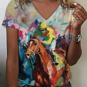Women’s Racing Horses Kenturky Print V-Neck T-Shirt