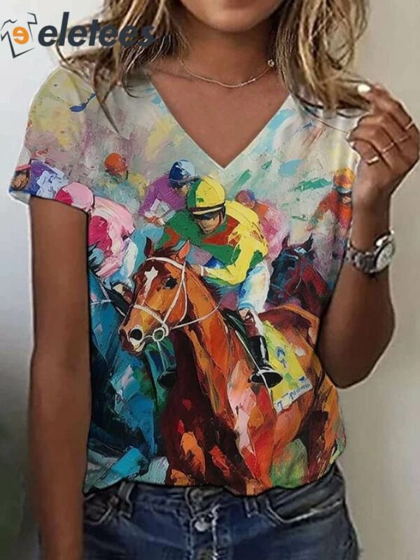 Women’s Racing Horses Kenturky Print V-Neck T-Shirt