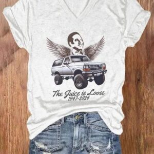 Women’s The Juice Is Loose 1947-2024 Print V Neck T-shirt