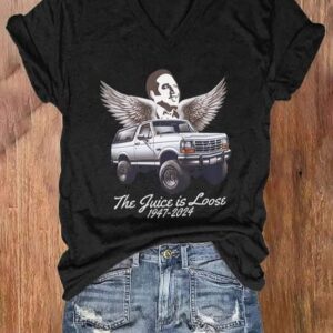 Womens The Juice Is Loose 1947 2024 Print V Neck T shirt1