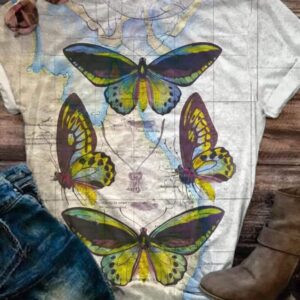 Vintage Butterfly Map Print Crew Neck T-shirt