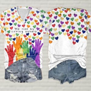 WomenS We Rise By Lifting Others Heart Rainbow Print Round Neck Short Sleeve T Shirt 2