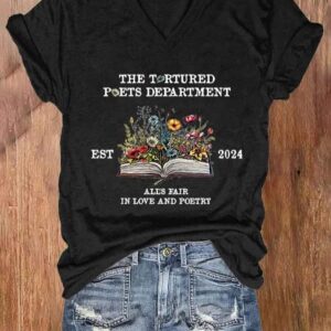 Women's All'S Fair In Love And Poetry Print V Neck T-shirt