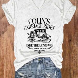 Womens Colins carriage rides take the long way Print V Neck Casual T Shirt