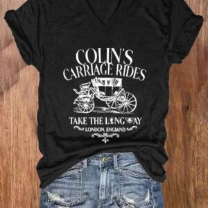Womens Colins carriage rides take the long way Print V Neck Casual T Shirt1