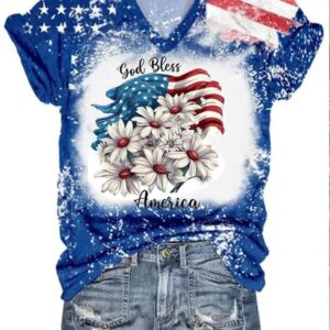 Women's God Bless America Flag Print V-Neck Casual T-Shirt