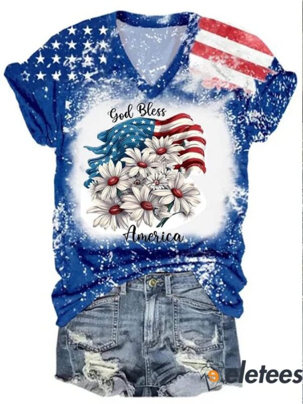 Women’s God Bless America Flag Print V-Neck Casual T-Shirt