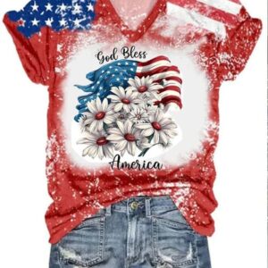 Womens God Bless America Flag Print V Neck Casual T Shirt 2