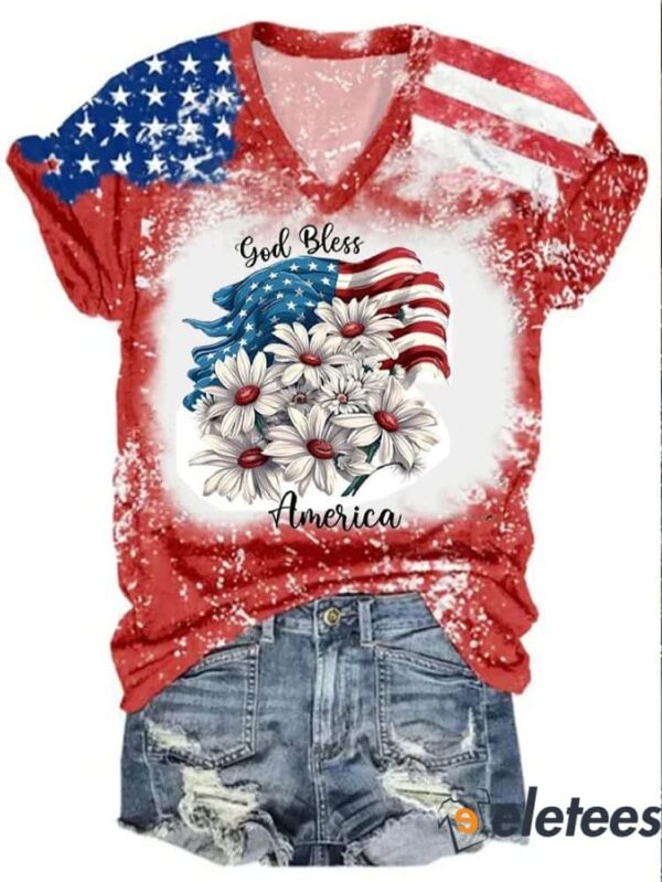 Women’s God Bless America Flag Print V-Neck Casual T-Shirt
