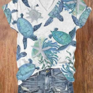 Women’s Hawaiian Turtle Print Casual V-Neck T-Shirt