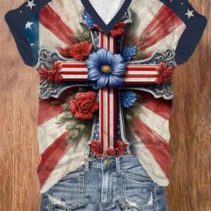Women’s Independence Day Flag Floral Print Casual V-Neck T-Shirt