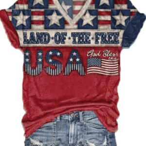 Women’s Independence Day Land of Free Flag Print V-Neck T-Shirt