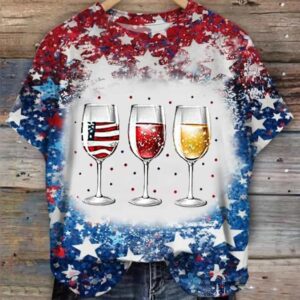 Women’s Independence Day Red Wine Blue Wine Glass Print Casual Tee