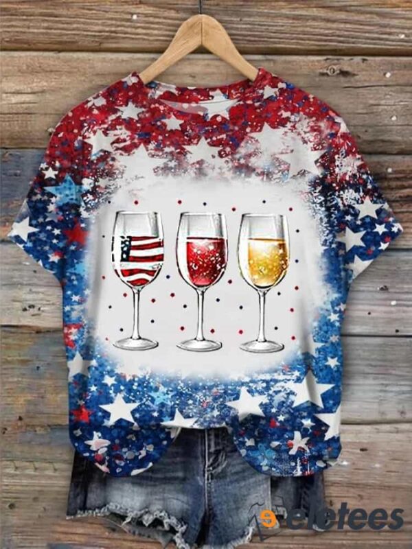 Women’s Independence Day Red Wine Blue Wine Glass Print Casual Tee