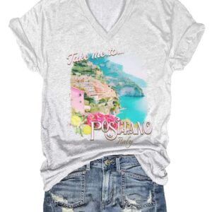Women’s Italian Seaside Taking Me To The Positano Printed V-Neck T-Shirt