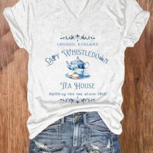 Women's Lady Whistledown Tea House Print V-Neck Casual T-Shirt