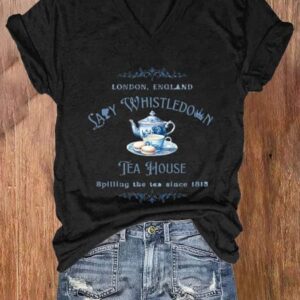 Womens Lady Whistledown Tea House Print V Neck Casual T Shirt 2