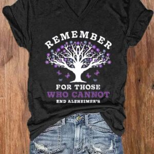 Womens Remember For Those Who Cannot Dementia Alzheimers Disease Awareness printed V neck T shirt 2