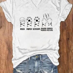Womens Rock Paper Scissors Cat Paw Print V Neck T Shirt