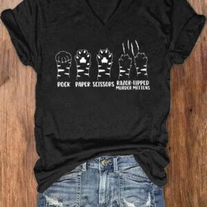 Womens Rock Paper Scissors Cat Paw Print V Neck T Shirt1