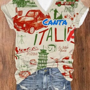 Women's Vintage Italy Print V-Neck T-Shirt