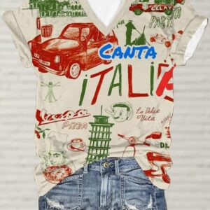 Womens Vintage Italy Print V Neck T Shirt 2