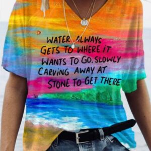 Women’s Water Always Gets To Where It Wants Mental Health Oil Painting Print V-neck T-shirt