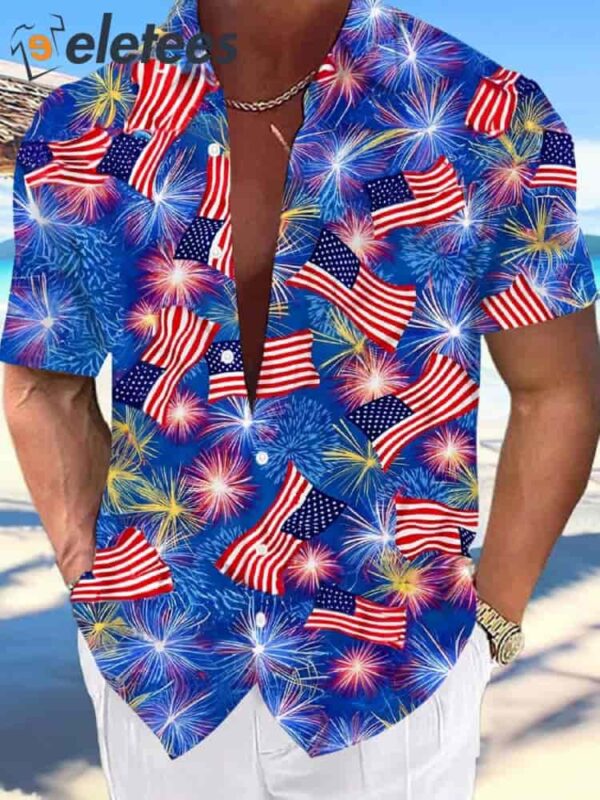 American flag Firework Men’s Pocket Short Sleeve Shirts