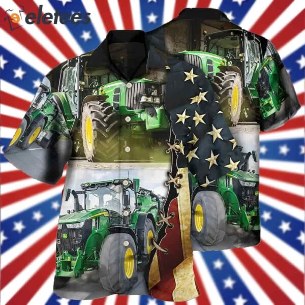 Tractor Independence Day Green Tractor US Flag Hawaiian Shirt